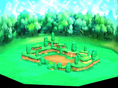 Cartoon Scene of Green Grassland With Trees and Garden Structure Under Blue Sky and Mountains 3d model
