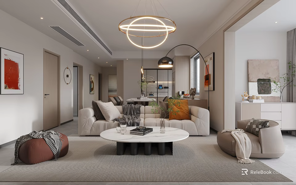 Modern Living and Dining Room Interior With Beige Sofa Round Coffee Table Chandelier Dining Table 3d model 