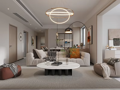 Modern Living and Dining Room Interior With Beige Sofa Round Coffee Table Chandelier Dining Table 3d model