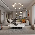 Modern Living and Dining Room Interior With Beige Sofa Round Coffee Table Chandelier Dining Table