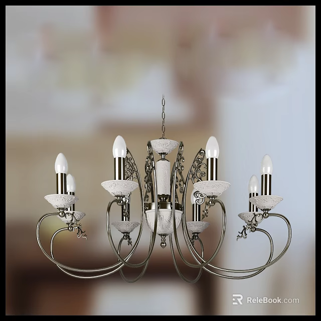 Elegant Multiple Arm Chandelier With White Bulbs Metal Frame And Glass Shades 3d model 