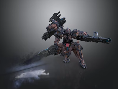 Futuristic Mech Warrior With Biomechanical Design Heavy Weaponry And Smoke Trails 3d model