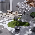 Rockery Stones In Modern Courtyard Garden With White Flower Tree And Stone Path