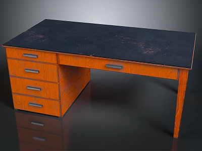 Wooden Desk With Black Top And Three Drawers Featuring Metal Handles 3d model