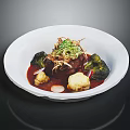 Braised Meat With Red Sauce Broccoli Crispy Shreds And Turnip On White Plate
