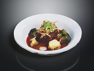 Braised Meat With Red Sauce Broccoli Crispy Shreds And Turnip On White Plate 3d model