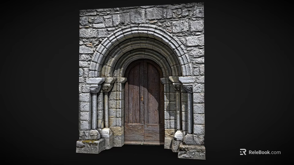 Stone Arched Entrance Gate With Wooden Door Stone Walls And Decorative Side Columns 3d model 