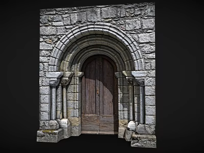 Stone Arched Entrance Gate With Wooden Door Stone Walls And Decorative Side Columns 3d model