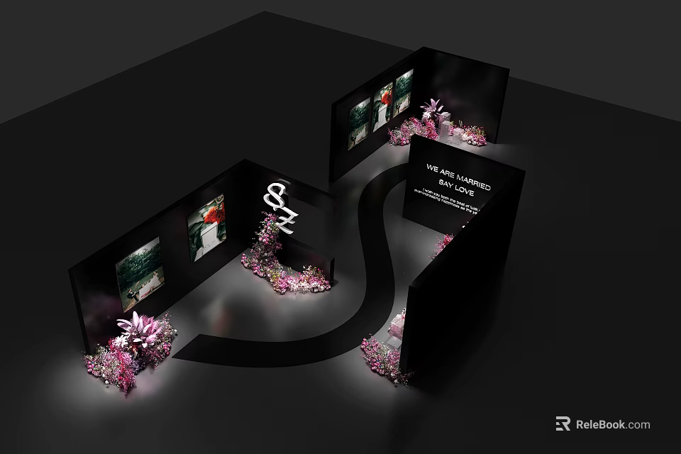 Photo Check In Spot With Black Display Walls Pink Flowers Curved Path And Picture Displays 3d model 
