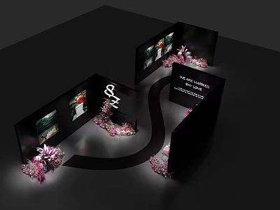 Photo Check In Spot With Black Display Walls Pink Flowers Curved Path And Picture Displays 3d model