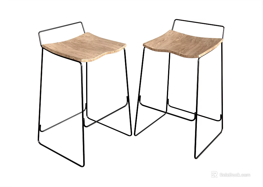 Modern Minimalist Set Of Two Bar Stools With Wooden Seats And Black Metal Frames 3d model 