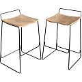 Modern Minimalist Set Of Two Bar Stools With Wooden Seats And Black Metal Frames