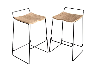 Modern Minimalist Set Of Two Bar Stools With Wooden Seats And Black Metal Frames 3d model