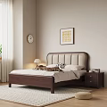 Modern Double Bed With Upholstered Headboard Nightstands Table Lamp Decorative Art And Wall Clock