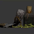 Rustic Household Items Featuring Green Liquid Bottle Horn Container Wooden Handle Sickle And Green Plants