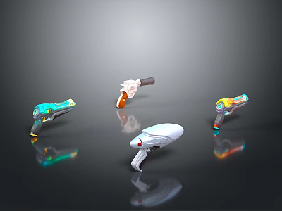 Various Sci Fi Guns Featuring Colorful Designs And Reflective Surfaces On 3d model