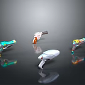 Various Sci Fi Guns Featuring Colorful Designs And Reflective Surfaces On 3d model