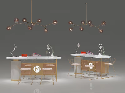 Elegant Modern Display Cabinet Design With Marble Countertop Metal Frame And Hanging Lights 3d model