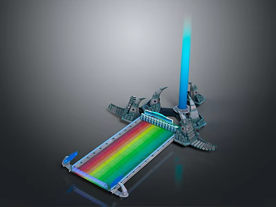 Passenger Airliner on Rainbow Runway with Blue Light Beam and Mechanical Structures Nearby 3d model