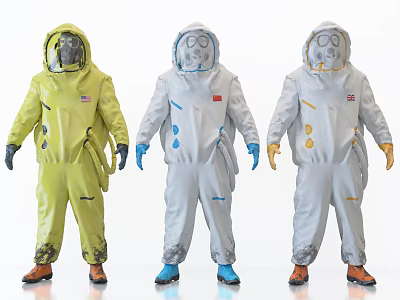 Three Yellow White Gray Full Body Hooded Protective Clothing Suits with Face Masks and Gloves 3d model