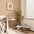 Round Side Table with Copper Wire Mesh Frame by Window with Green Plant and Magazines