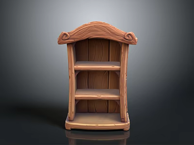 Wooden Storage Shelf with Curved Top Decorative Design and Three Tiered Shelves for Home Organizing 3d model