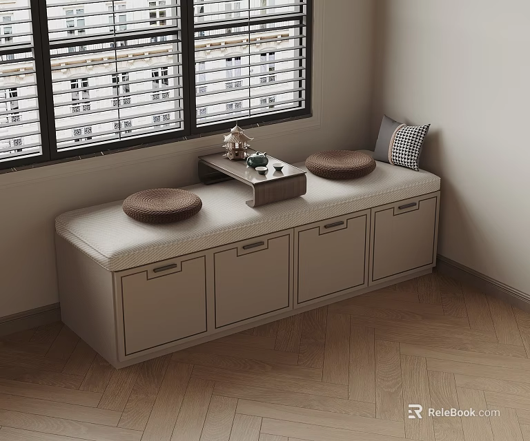 Window Side Storage Bench With Round Cushions Tea Table And Checked Pillow On Herringbone Floor 3d model