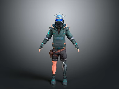 Cyberpunk Game Character With Tech Helmet Mechanical Armor Knee Pads And Glowing Accents 3d model