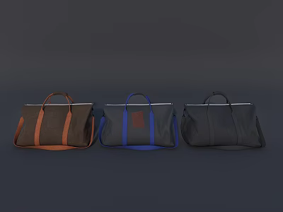 Three Stylish Travel Duffle Bags In Brown Blue And Black With Handles 3d model