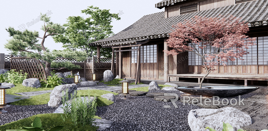 Japanese style courtyard Zen courtyard landscape model