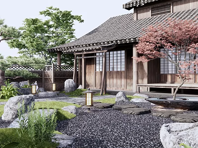 Traditional Courtyard Garden With Japanese Wooden House Stone Lanterns And Maple Tree 3d model