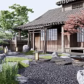 Traditional Courtyard Garden With Japanese Wooden House Stone Lanterns And Maple Tree