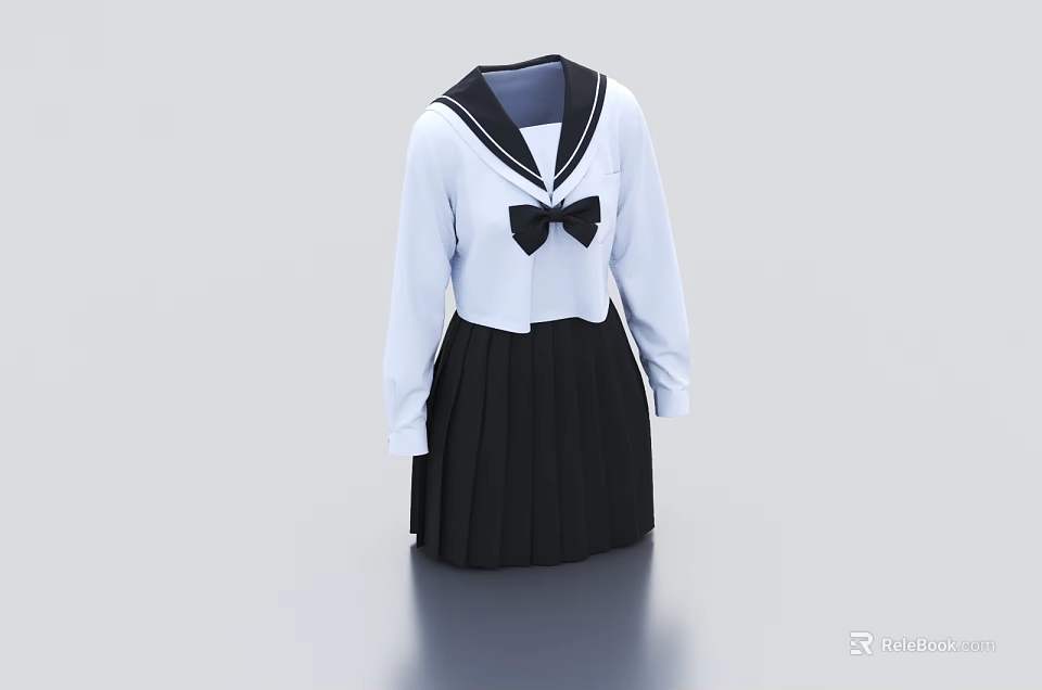 School Uniform With White Long Sleeve Top Black Collar Bow Tie And Pleated Skirt 3d model 