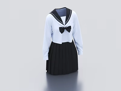 School Uniform With White Long Sleeve Top Black Collar Bow Tie And Pleated Skirt 3d model