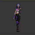 Game Movie Character With Purple Blue Hair And Patterned Leather Outfit Boots