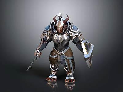 Mythical Man In Detailed Armor With Horns Holding Shield And Sword 3d model