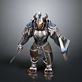 Mythical Man In Detailed Armor With Horns Holding Shield And Sword