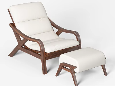 Comfortable Lounge Chair With Wooden Frame White Cushion And Matching Ottoman 3d model