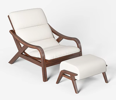 Comfortable Lounge Chair With Wooden Frame White Cushion And Matching Ottoman 3d model