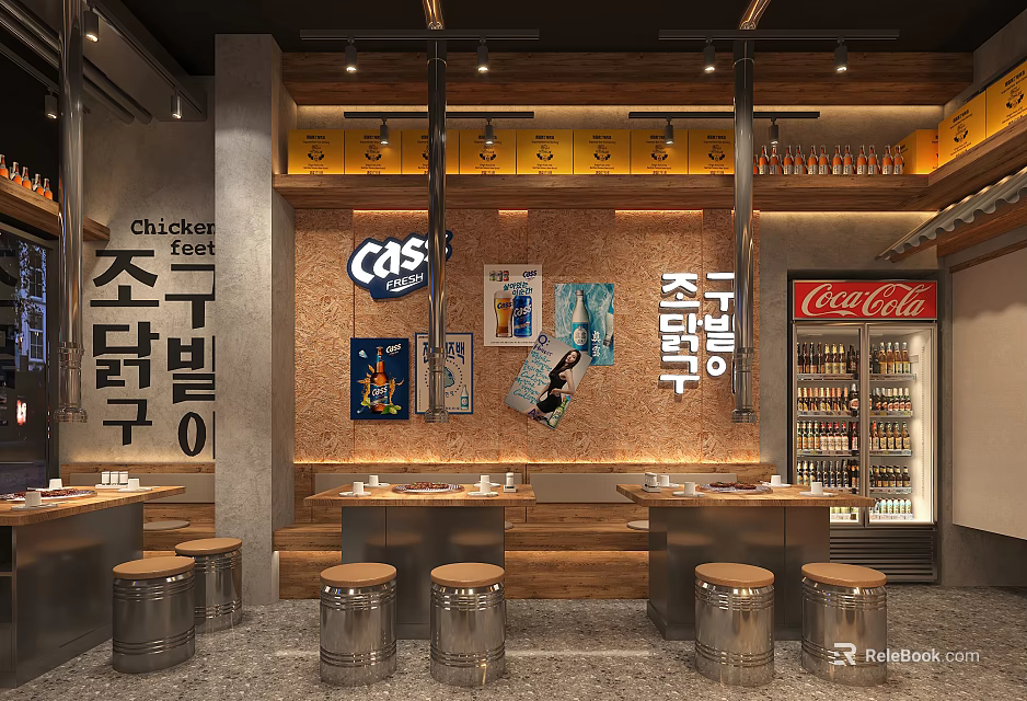 Korean Dakgalbi Restaurant Interior With COS Sign Coca Cola Fridge And Metal Stools 3d model 