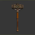 Steampunk Mechanical Hammer Weapon with Orange Handle and Intricate Metal Head Design