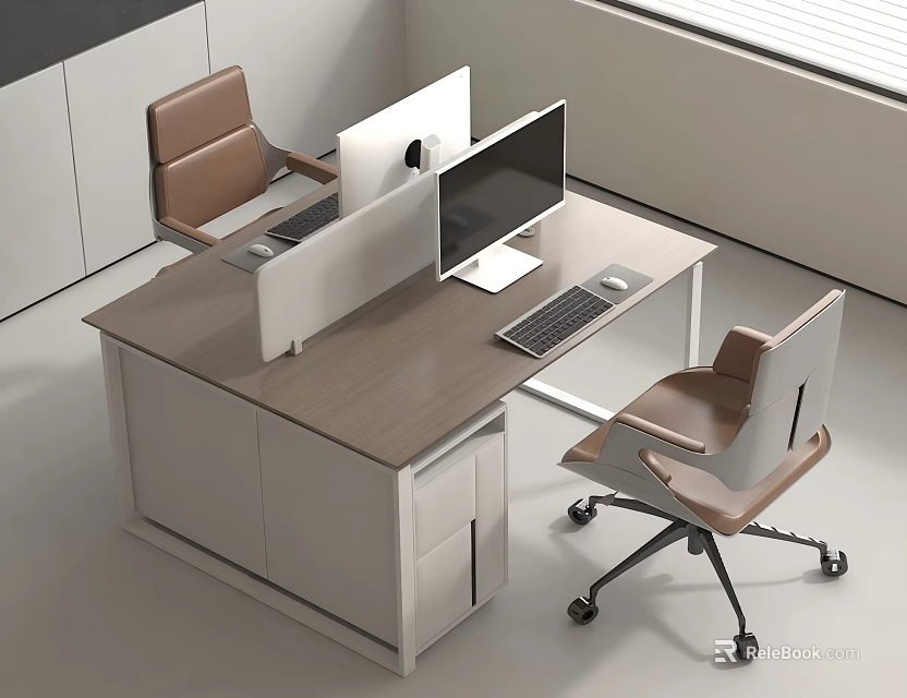 Modern Office Desk Wooden Top And White Cabinets With Computer Monitors And Office Chairs 3d model 