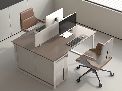 Modern Office Desk Wooden Top And White Cabinets With Computer Monitors And Office Chairs 3d model