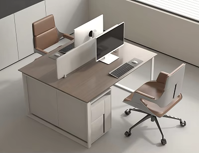 Modern Office Desk Wooden Top And White Cabinets With Computer Monitors And Office Chairs 3d model