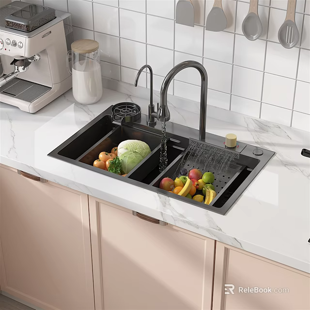 Double Bowl Kitchen Sink With Black Faucet And Fresh Vegetables Fruits On Marble Countertop 3d model 