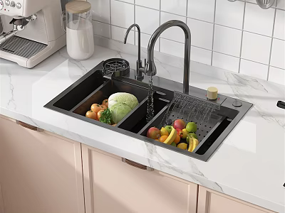 Double Bowl Kitchen Sink With Black Faucet And Fresh Vegetables Fruits On Marble Countertop 3d model