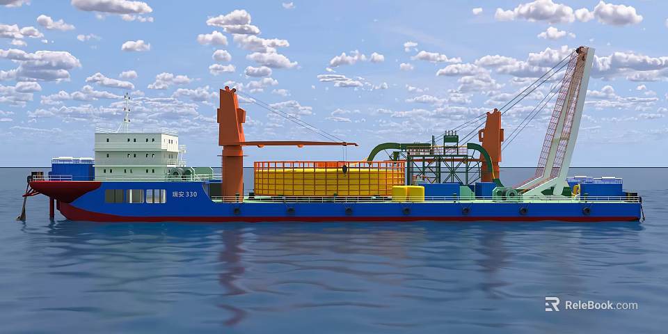 Vessel With Crane And Containers Sailing On Calm Blue Water Under Cloudy Sky 3d model 