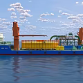 Vessel With Crane And Containers Sailing On Calm Blue Water Under Cloudy Sky