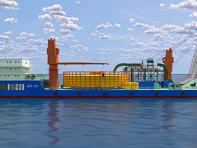 Vessel With Crane And Containers Sailing On Calm Blue Water Under Cloudy Sky 3d model