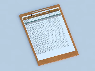 Brown Clipboard Holding Table With Text And Numbers On White Sheet 3d model